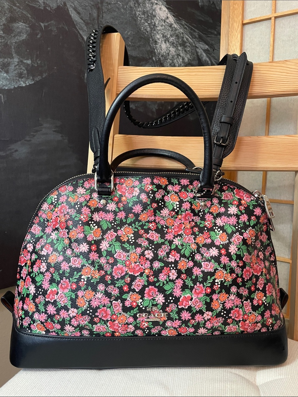 Coach Sierra Posey Cluster Floral Satchel, Wallet & Black Chain Detail Strap - Picture 4 of 17